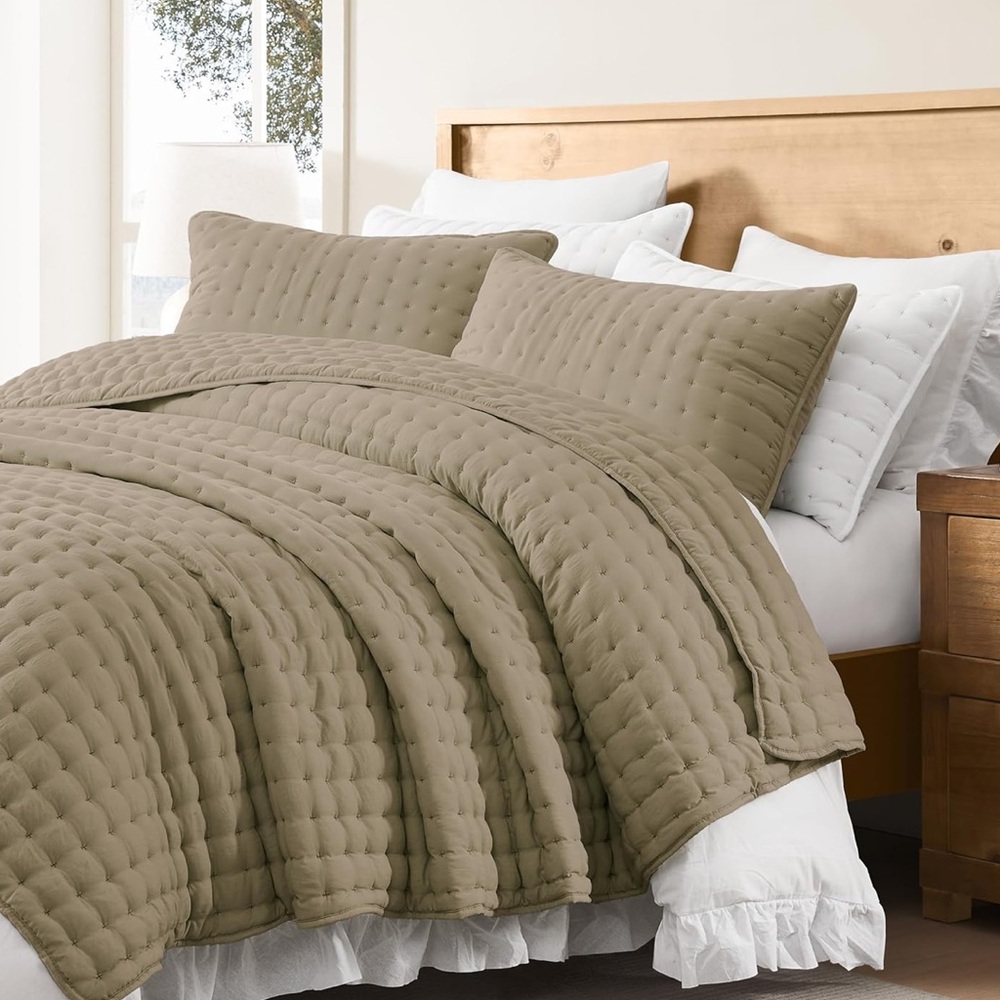 🆕 PB Style King Quilt Set Tufted Classic Taupe 3 Piece Luxury Hotel Bedding
